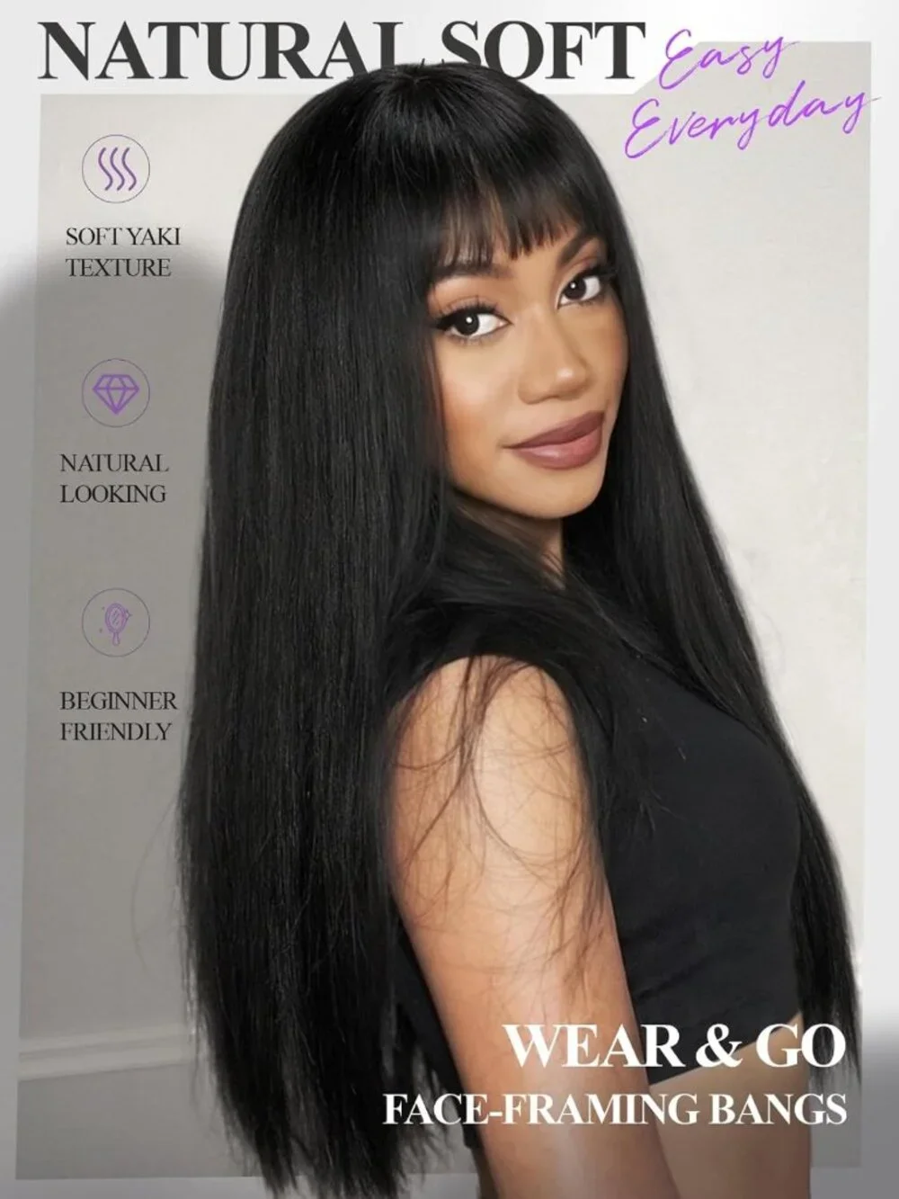 Soft Yaki Straight Wig with Bangs for Black Women - Glueless, Beginner-Friendly